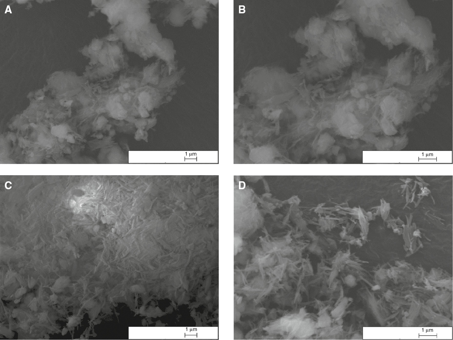 Figure 1: SEM micrographs of sepiolite before milling at (A) 20000 ×, (B) 30000 ×, after milling at (C) 20000 ×, (D) 30000 × magnification.