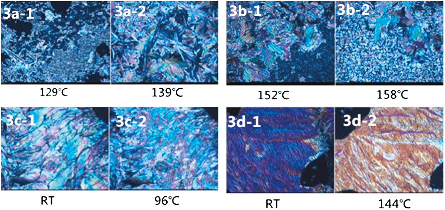 Figure 6: Polarized optical microscopic texture observed for diimide diacid monomers (3a–3d) at different temperatures.