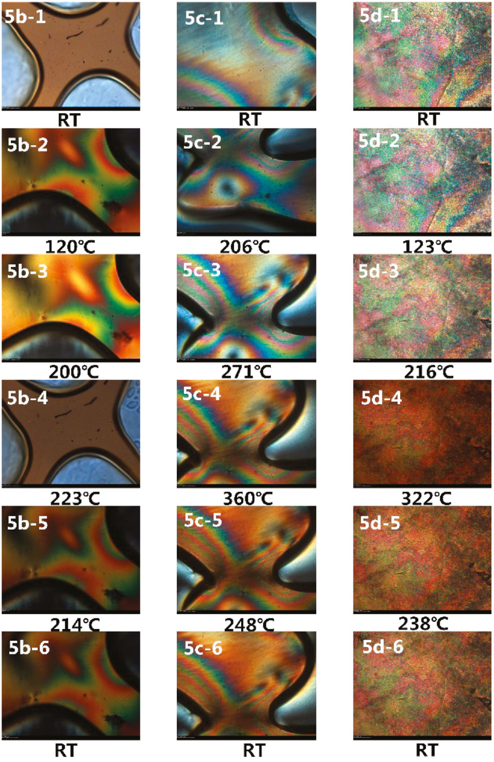 Figure 8: Photomicrographs of texture change of poly(amide imide)s (5b–5d) with procedure temperature elevation.