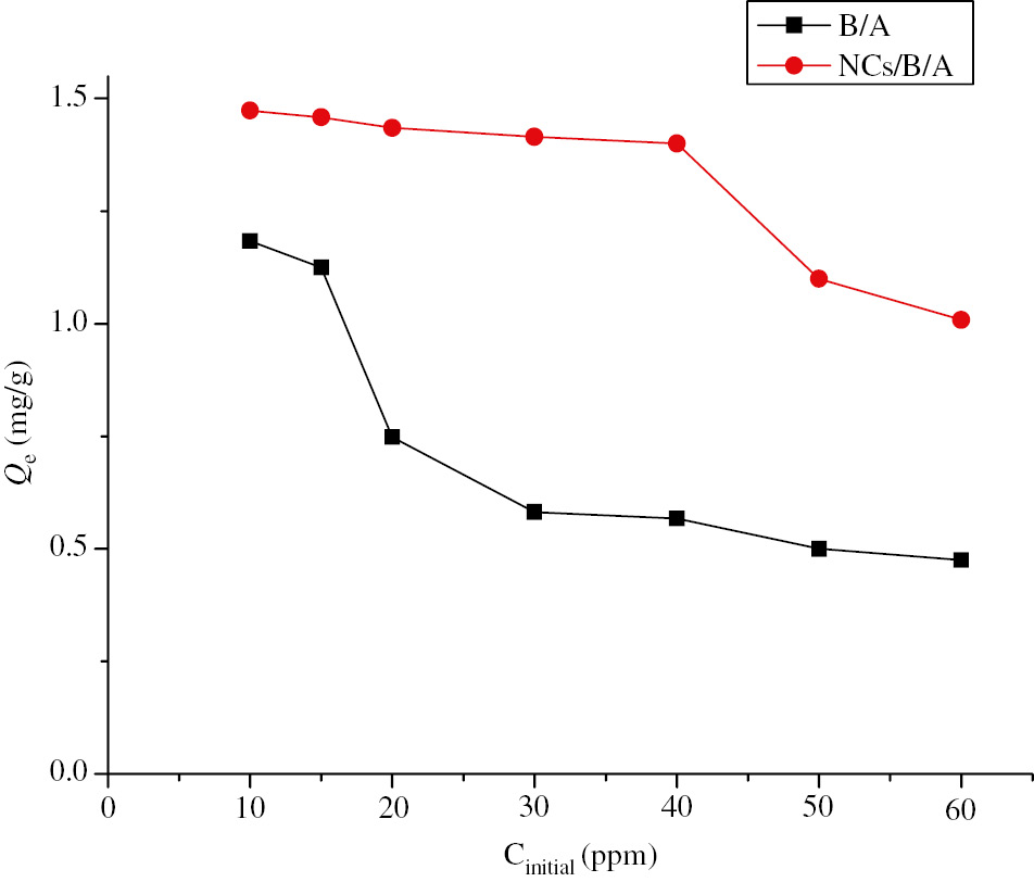 Figure 12: Effect of initial concentration of the metal on the adsorption of copper for the B/A and NCs/B/A beads with volume of the aqueous phase=10 ml; temperature=22°C; pH=6 and agitation=400 tours/min.