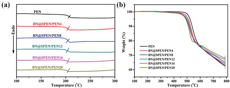 Figure 6 (a) DSC curves of PEN and BN@SPEN/PEN composite films, (b) TGA curves of PEN and BN@SPEN/PEN composite films.