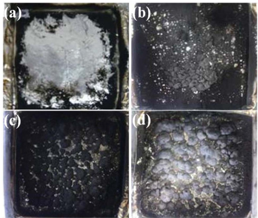Figure 12 Char residues of (a) PS; (b) PS/CaMt; (c) PS/CaOMt-c; (d) PS/CaOMt-d.