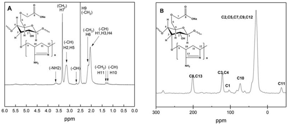 Figure 4 (a) 1H-NMR of the new flocculant; (b) 13C-NMR of the new flocculant.