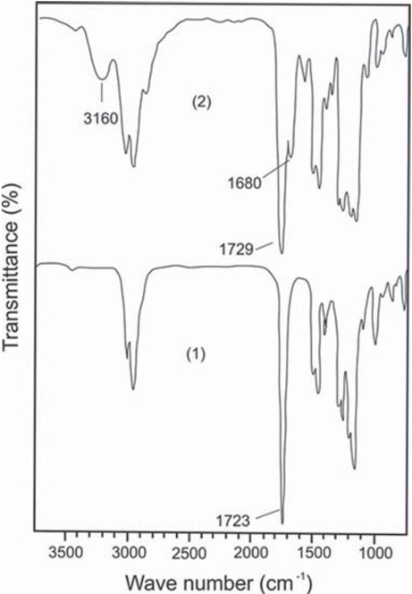 Figure 2 FTIR spectra of PMMA (1) and PMMA, modified by the introduction of monomer units (0.15 mol. fract.) of VT (2).