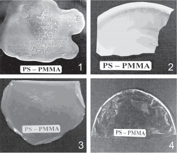 Figure 4 Films based on the PS(VT)–PMMA(VO) mixture (1) and the PS–PMMA paired polymer obtained over 24 (2), 72 (3) and 120 h (4). Reaction conditions: PS(VT) : PMMA (VO) = 1:1; molar fractions of VT units in PS 0,02 and VO units in PMMA 0,05; T = 80°C.
