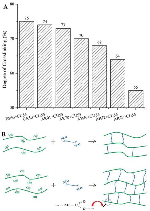 Figure 3 The crosslinking degree (a) of 2K WPU coating based on different resins and main reaction mechanism (b) between resins with different hydroxyl content and polyisocyanurate.