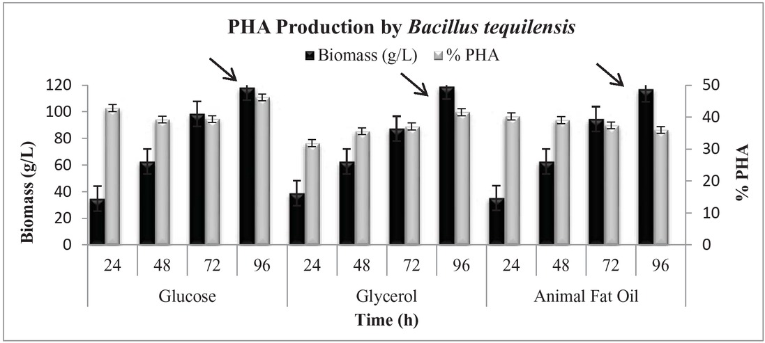 Figure 3 PHA production by strain PWF (Bacillus tequilensis; MH142145). PHA production by strain PWF (Bacillus tequilensis; MH142145) was highest, after 96 h on glycerol and after 24 h on animal fat oil. Biomasses and percentage PHA plotted against time are the mean of values recorded, during triplicate experiment. Standard error was calculated.