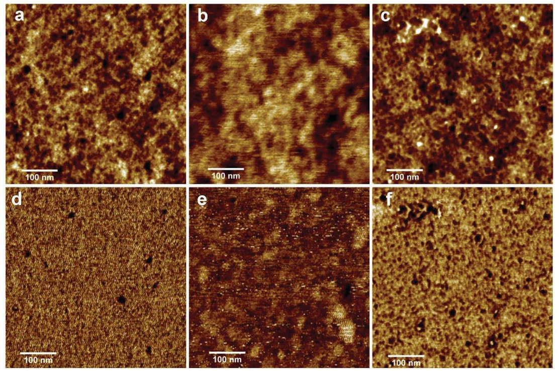Figure 4 AFM height (a-c) and phase (d-f) of as-casted film (a,d), after DIA (b,e) and after acid vapor treatment followed by washing (c,f) for Polymer 1.