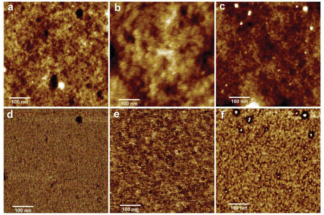 Figure 5 AFM height (a-c) and phase (d-f) of as-casted film (a,d), after DIA (b,e) and after acid vapor treatment followed by washing (c,f) for Polymer 2.