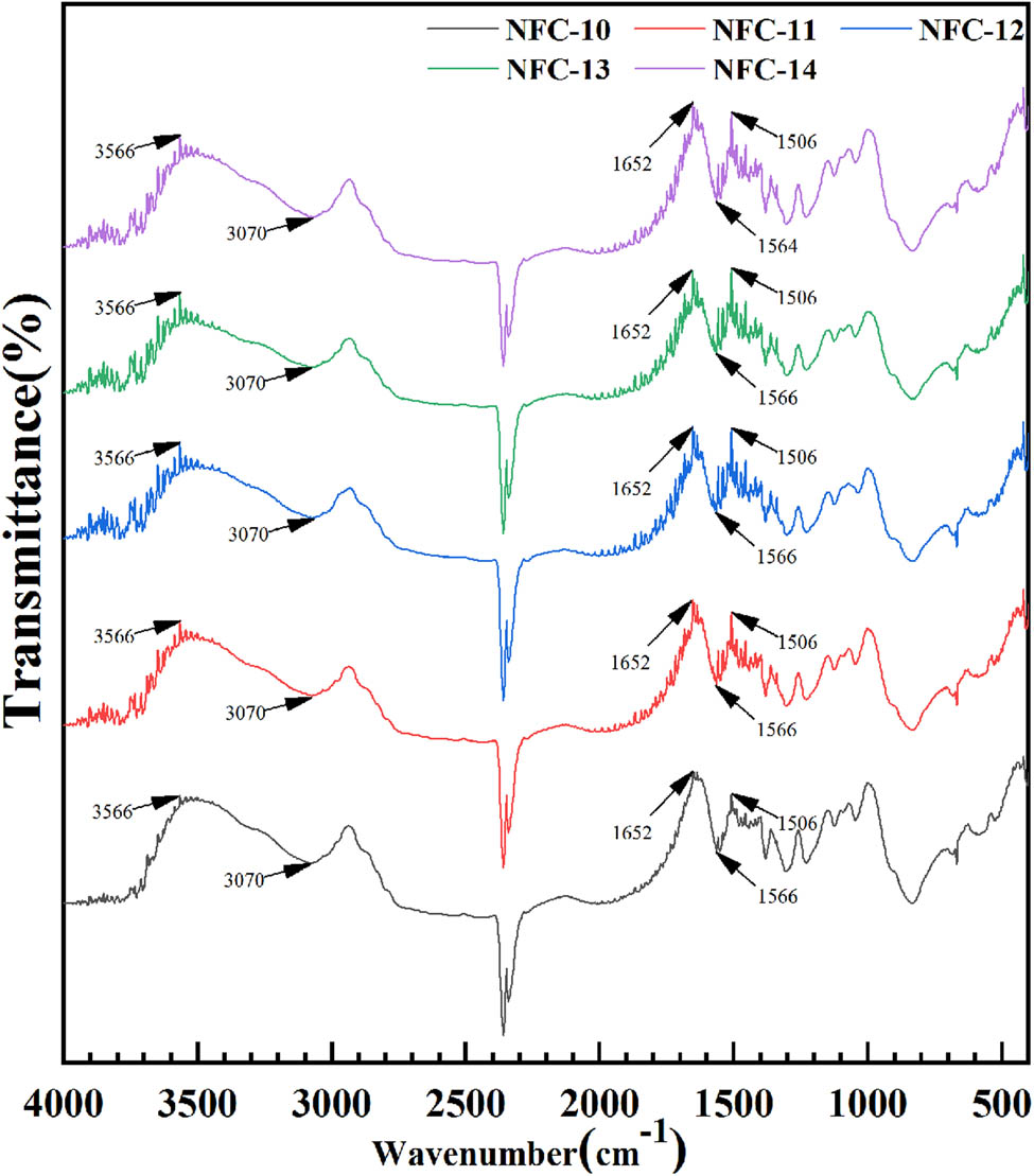 Figure 2 FT-IR spectra profiles of intelligent PDMAA hydrogels with various NFC contents.
