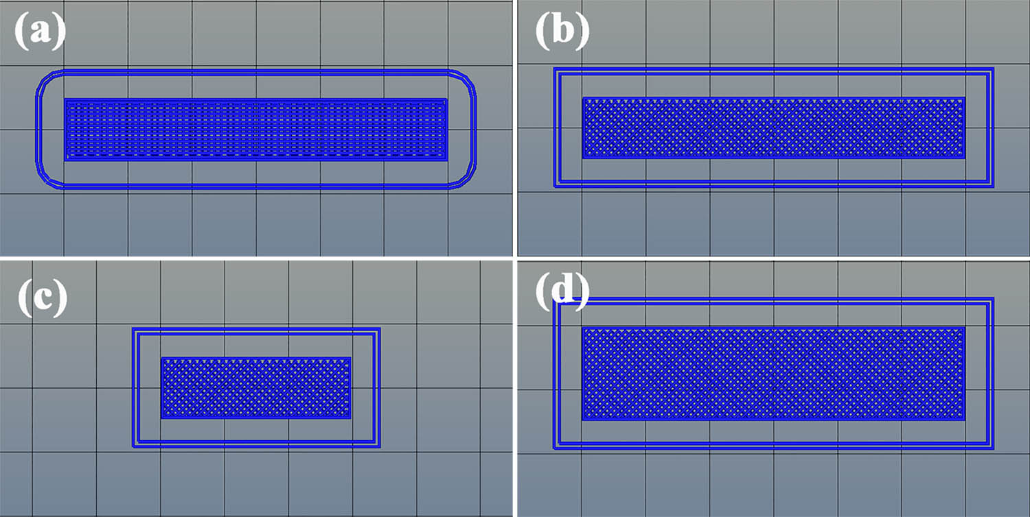 Figure 5 The 3D printing structure models of (a) 60 × 10 mm with 90°/0° configuration, (b) 60 × 10 mm with 45°/135° configuration, (c) 30 × 10 mm with 45°/135° configuration, and (d) 60 × 15 mm with 45°/135° configuration for intelligent PDMAA hydrogels.