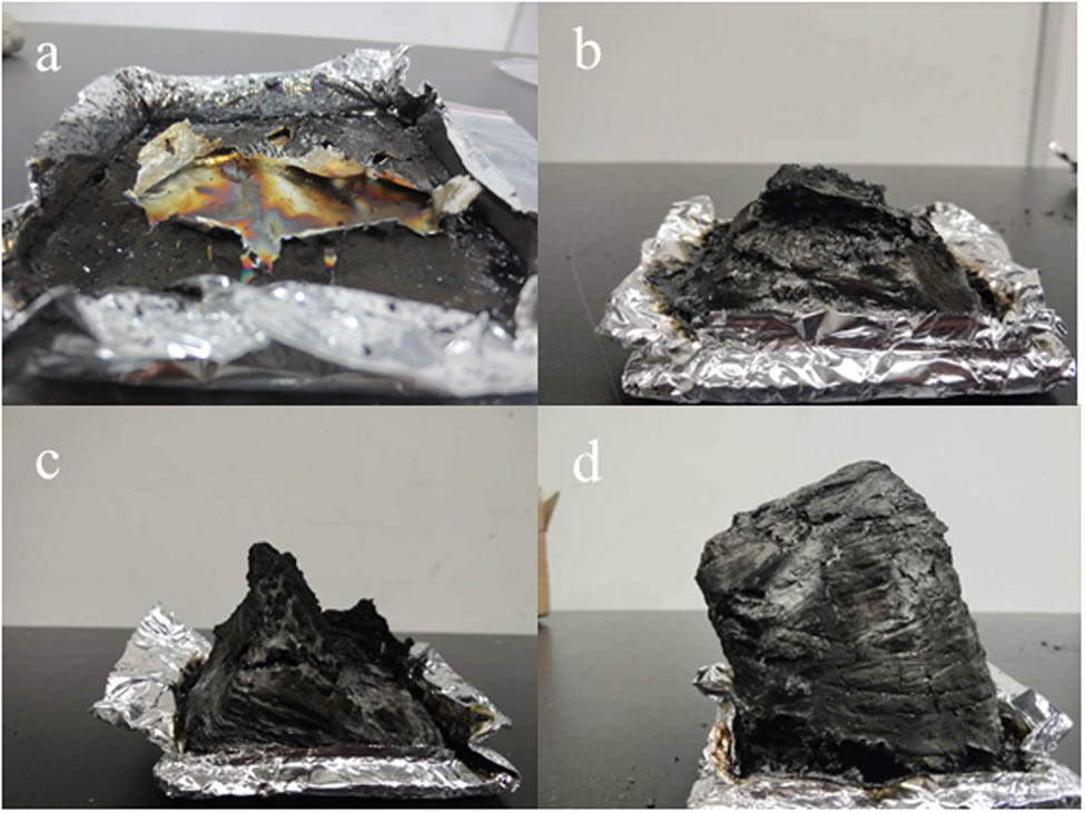 Figure 8 Digital photographs of the char residues of flame retarded EP after the cone calorimetric test (a: EP, b: EP1, c: EP2, and d: EP3).