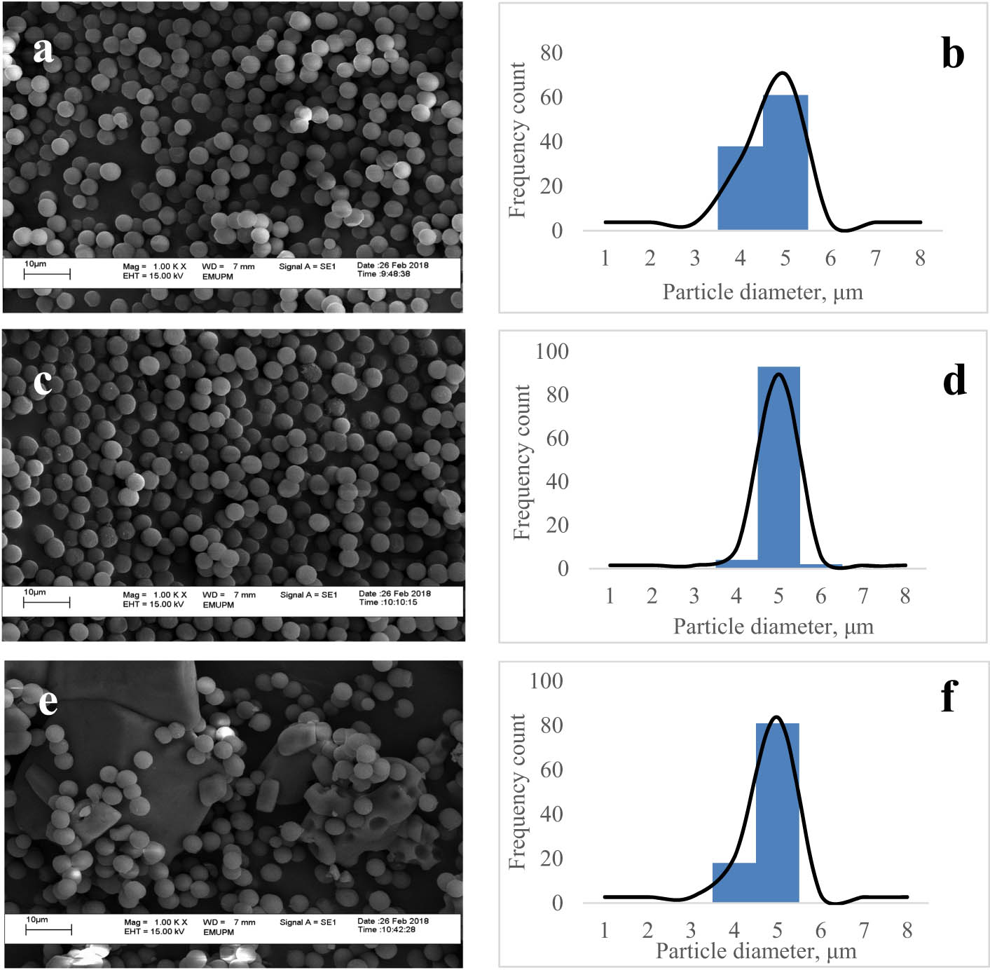 Figure 3 SEM images and polynomial distribution: (a) SEM image of P1, (b) polynomial distribution of P1, (c) SEM image of HXL P1, (d) polynomial distribution of HXL P1, (e) SEM image of EDA-HXL P1, and (f) polynomial distribution of EDA-HXL P1.