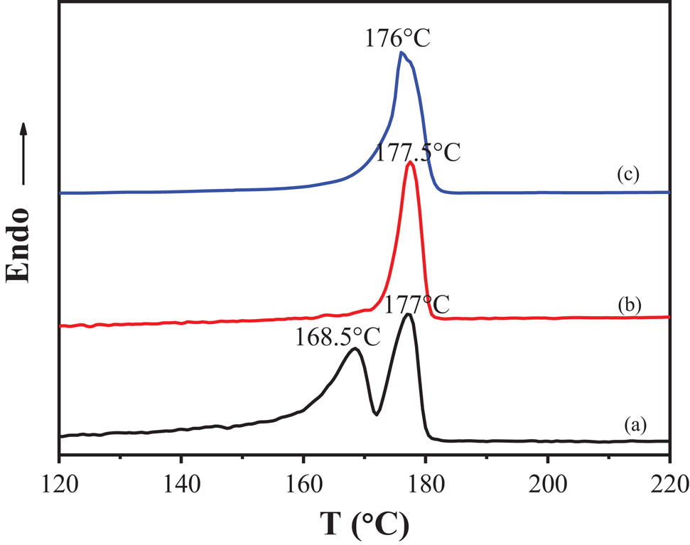 Figure 6 The DSC thermograms of PA12 (a) α-form sample prepared by solution casting at 30°C, (b) γ-form sample prepared by melt cooling, and (c) γ′-form sample prepared by melt quenching.