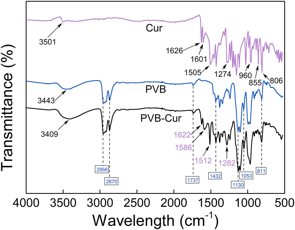 Figure 2 FTIR spectra of Cur, PVB, and PVB–Cur film.