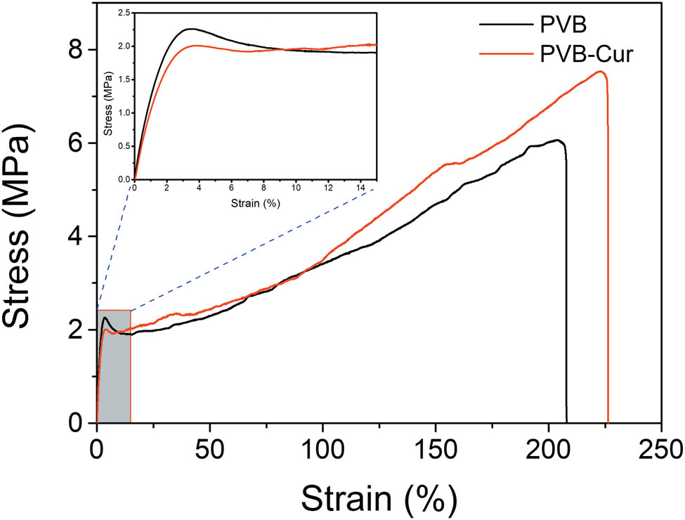Figure 5 Strain–stress curves of PVB and PVB–Cur composite films.