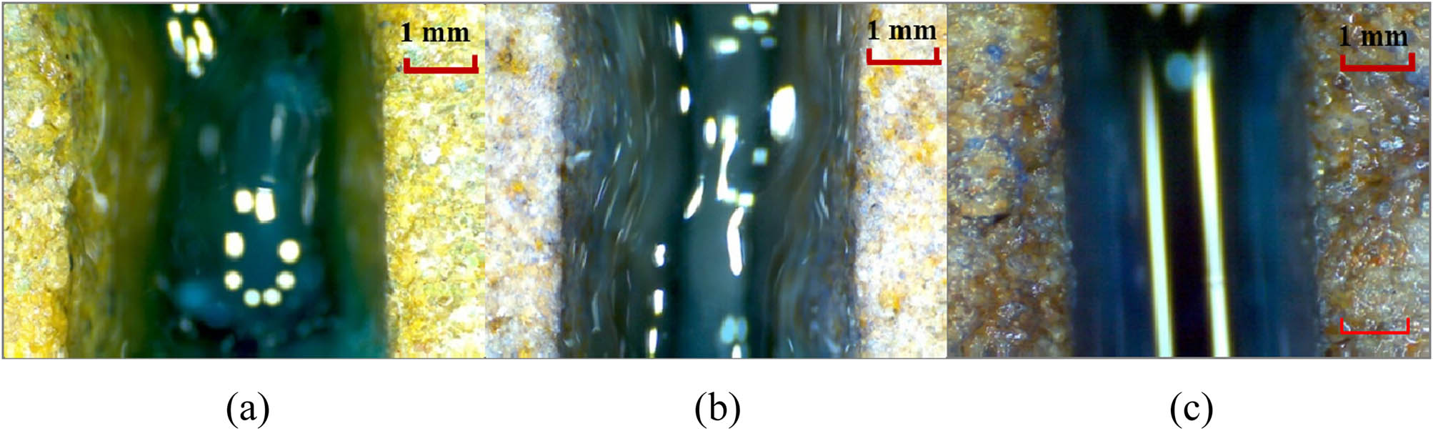 Figure 7 Gelling effect of polymer gel at different Cr3+ leak off degrees. (a) slight leak off, (b) moderate leak off, (c) gross leak off.