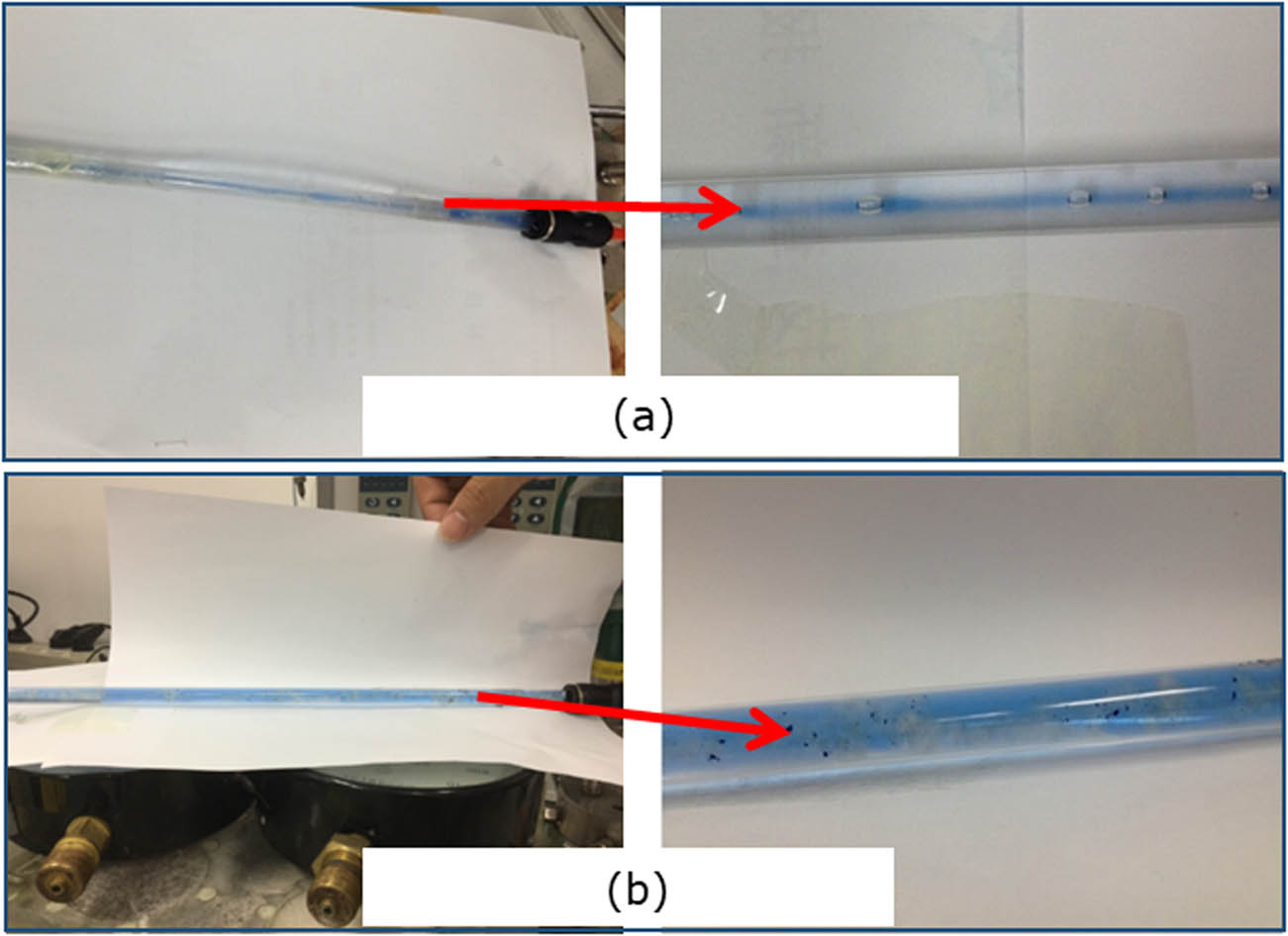 Figure 13 Reverse water flooding in transparent pipe in the case of different gel injection ways. (a) In situ crosslinked gel, (b) pre-crosslinked gel.