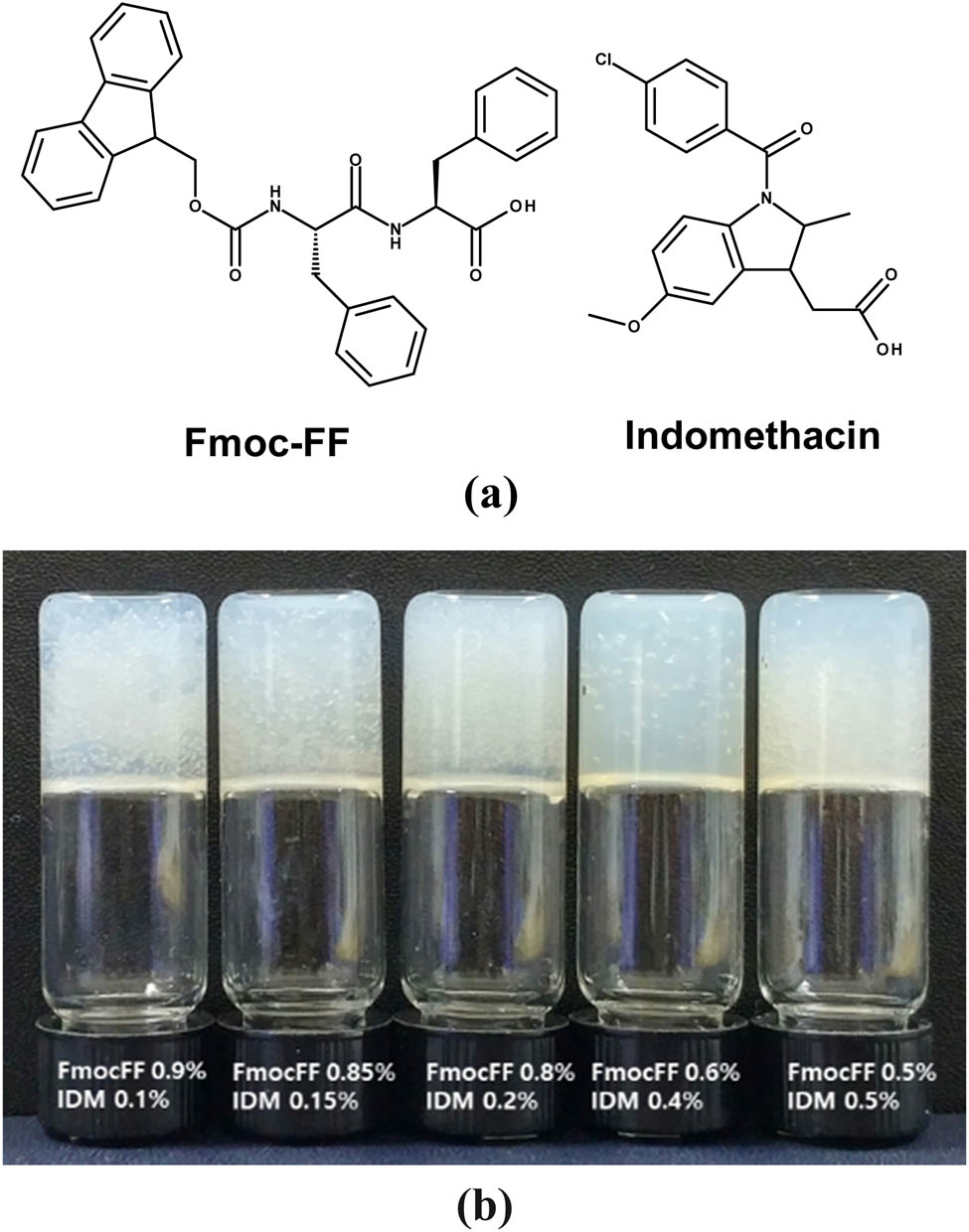 Figure 2 (a) Chemical structures of Fmoc-FF and IDM. (b) Photographs of Fmoc-FF–IDM hydrogels with varying ratios of Fmoc-FF/IDM.