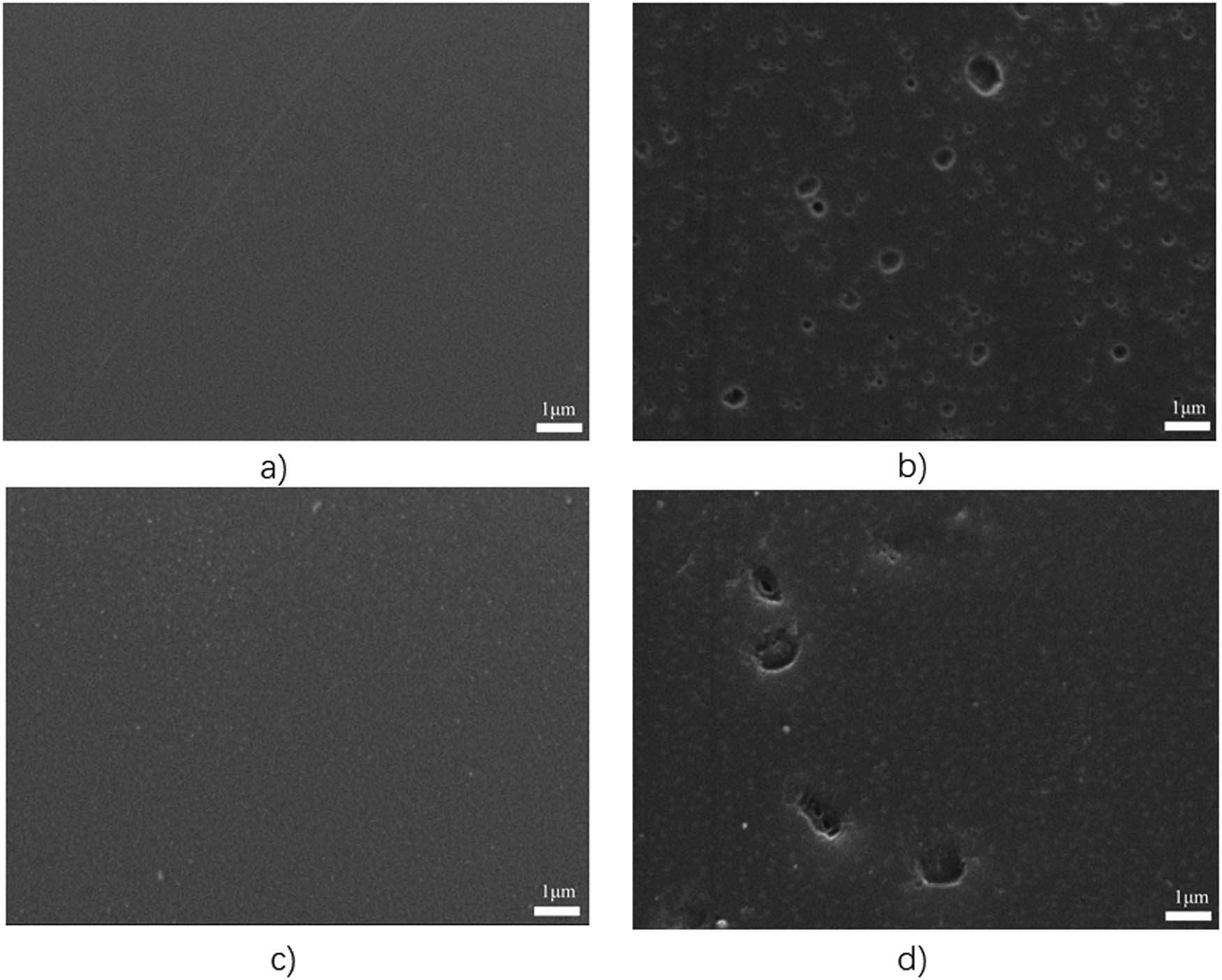 Figure 9 SEM images of cured PNR and RS: (a) cured RS, (b) cured RS/ageing at 350°C, (c) cured PNR and (d) cured PNR, aging at 350°C.