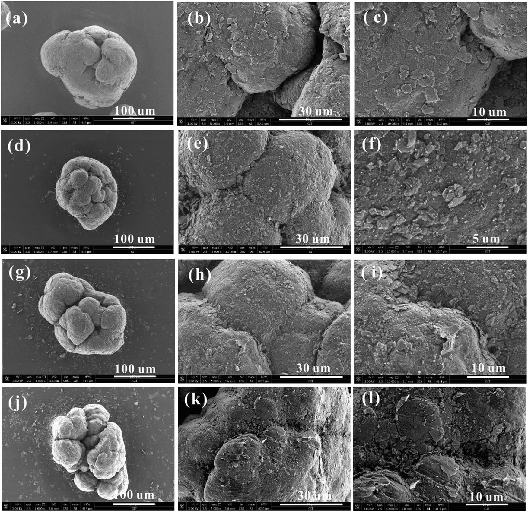Figure A1 Particle morphological SEM images of BN-coated UHMWPE granules with (a–c) 2.1 vol%, (d–f) 9.4 vol%, (g–i) 21.6 vol%, and (j–l) 38.3 vol% BN.