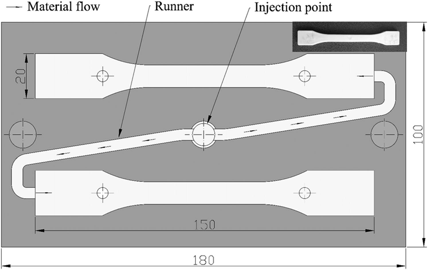 Figure 1 Top view schematic of the injection mold, with an injection angle of 0°. The arrows show the melted material flow; indicated sizes are in mm (adapted from (18)).