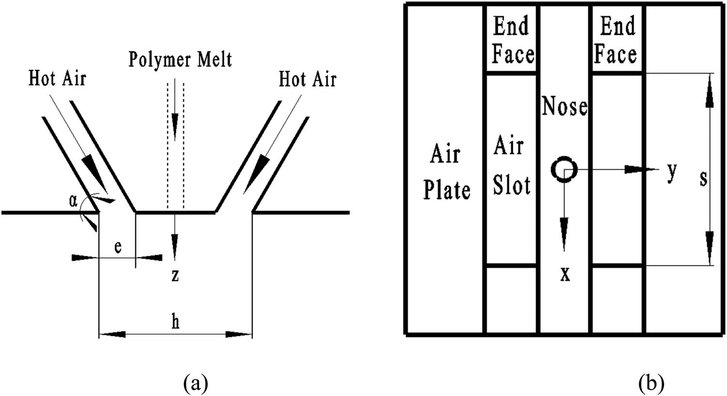 Figure 1 A common slot die: (a) section view; (b) view of die surface.