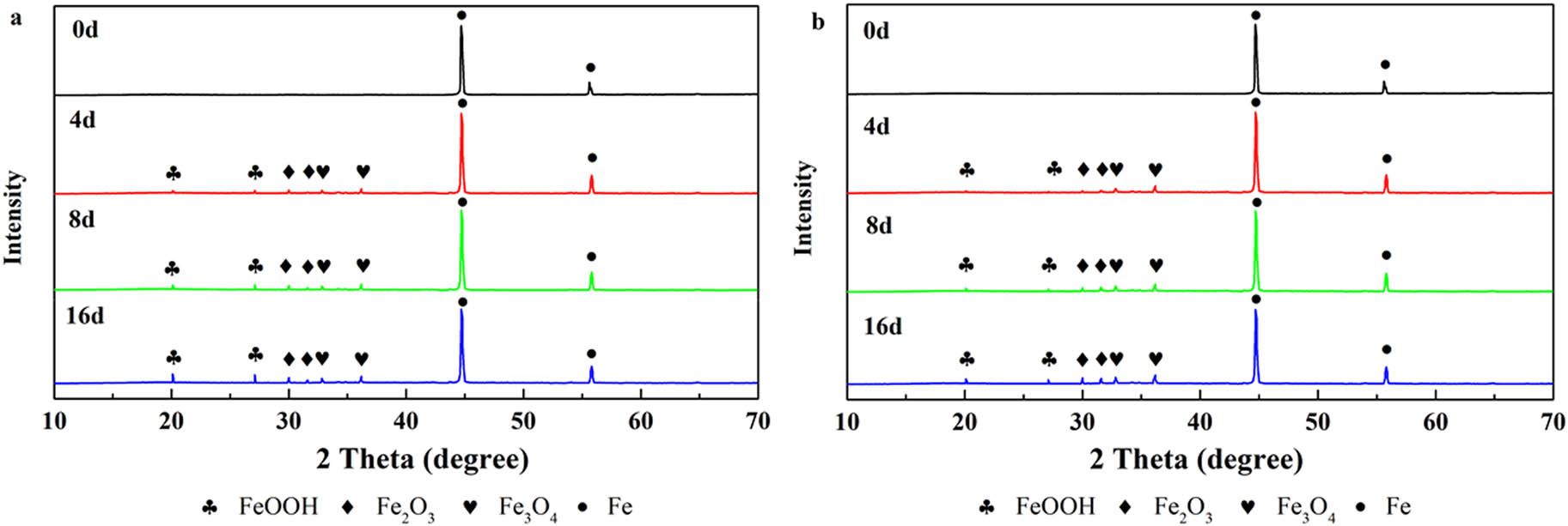 Figure 12 XRD patterns of surface of tinplate samples coated by EL@AR-P0 (a) and EL@AR-P2 (b) during immersion time.