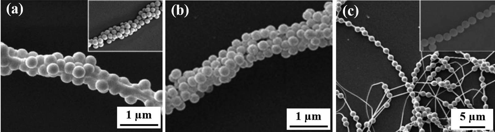 Figure 17 The SEM images of electrospun fibers of (a) PEO, (b) PAN, and (c) PAM (151) (©American Chemical Society 2006).
