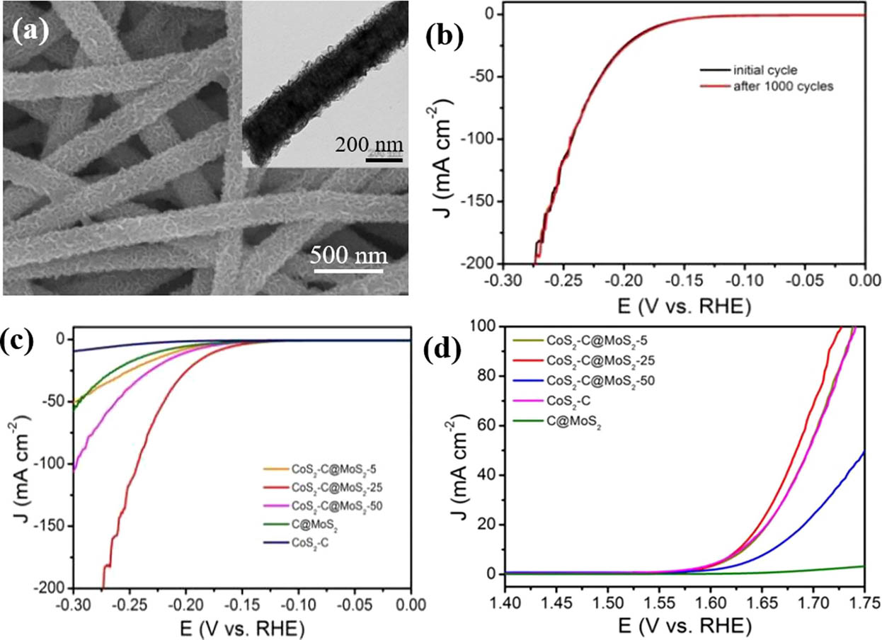 Figure 22 (a) The SEM and corresponding inset TEM images of CoS2-C@MoS2 core–shell nanofibers, (b) LSV curves of CoS2-C@MoS2-25 as working electrode initially and after 1,000 CV cycles; electrochemical analysis of (c) hydrogen-evolution reaction, and (d) oxygen-evolution reaction (174) (© American Chemical Society 2019).