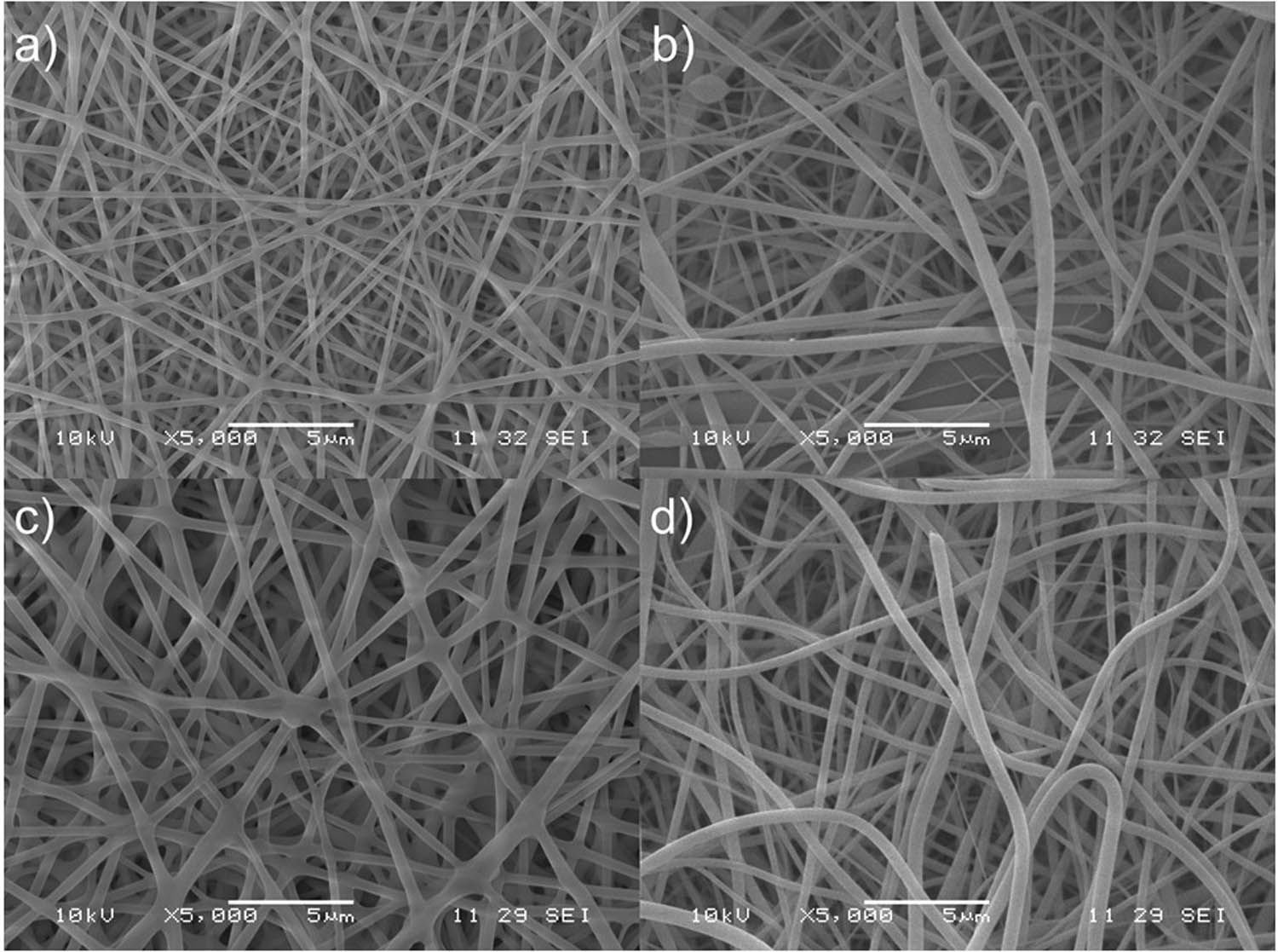Figure 3 SEM micrographs of PVP/SC fibrous scaffolds. (a) PVP/SC0 (5,000×); (b) PVP/SC1 (5,000×); (c) PVP/SC2 (5,000×); and (d) PVP/SC3 (5,000×).