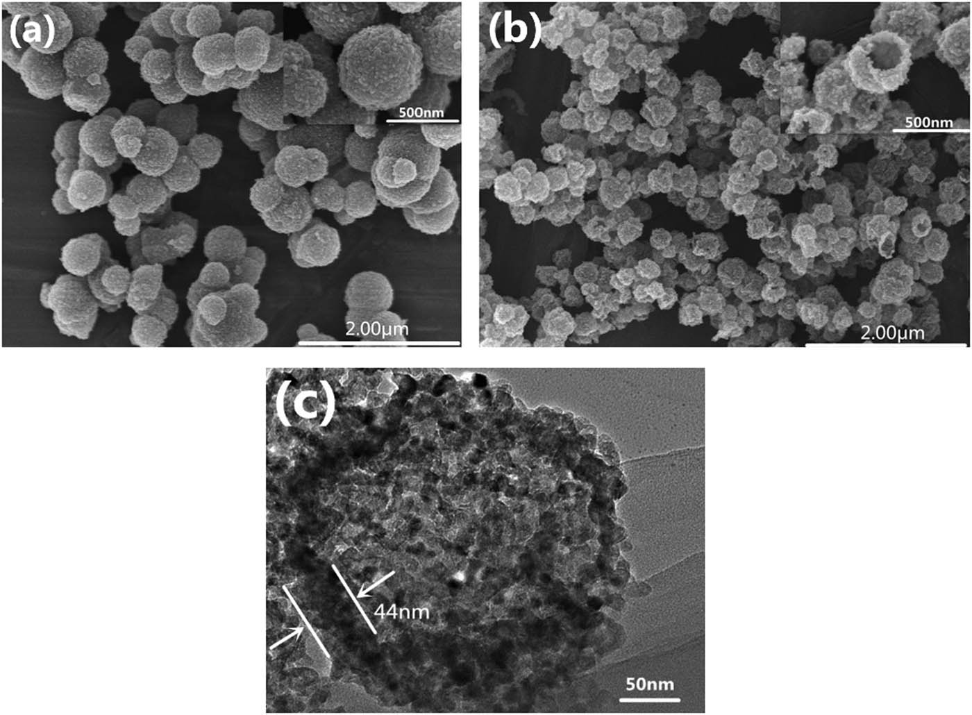 Figure 9 
               FESEM images of TiO2–C and hollow TiO2 microspheres and FETEM images of hollow TiO2 microspheres: (a) TiO2–C; (b and c) hollow TiO2 microspheres.