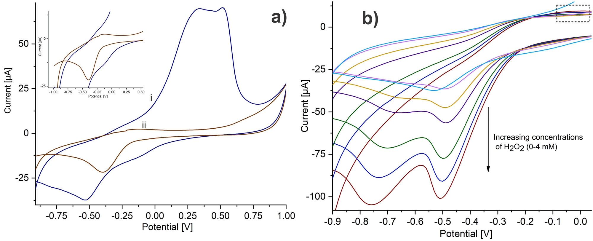 Figure 5
(a) Cyclic voltammetry of (i) SPCE/PAni/AuNP/cMWCNT/CAT and (ii) SPCE/AuNP/cMWCNT/CAT in PBS 0.01 M at 20 mV s−1. (b) Cyclic voltammetry for increasing concentrations of H2O2 in PBS 0.01 M, recorded using the SPCE/PAni/AuNP/cMWCNT/CAT biosensor at a scan rate of 20 mV s−1.