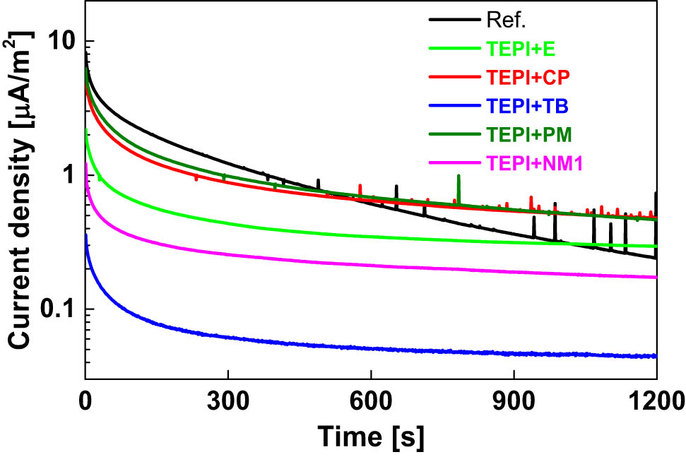Figure 16 
                  Charging current density during the isothermal polarization process.