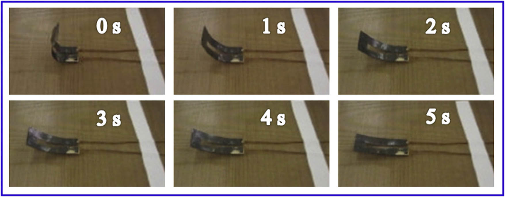 Figure 6 
               Shape recovery process of epoxy/reduced graphene oxide paper-based shape memory nanocomposite under applied voltage of 6 V (98). Reproduced with permission from Elsevier.
            