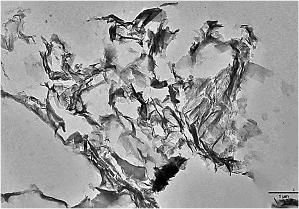 Figure 10 
               TEM image of polyurethane/graphene nanoplatelet 1.5 wt% nanocomposite (106). Reproduced with permission from Wiley.
            