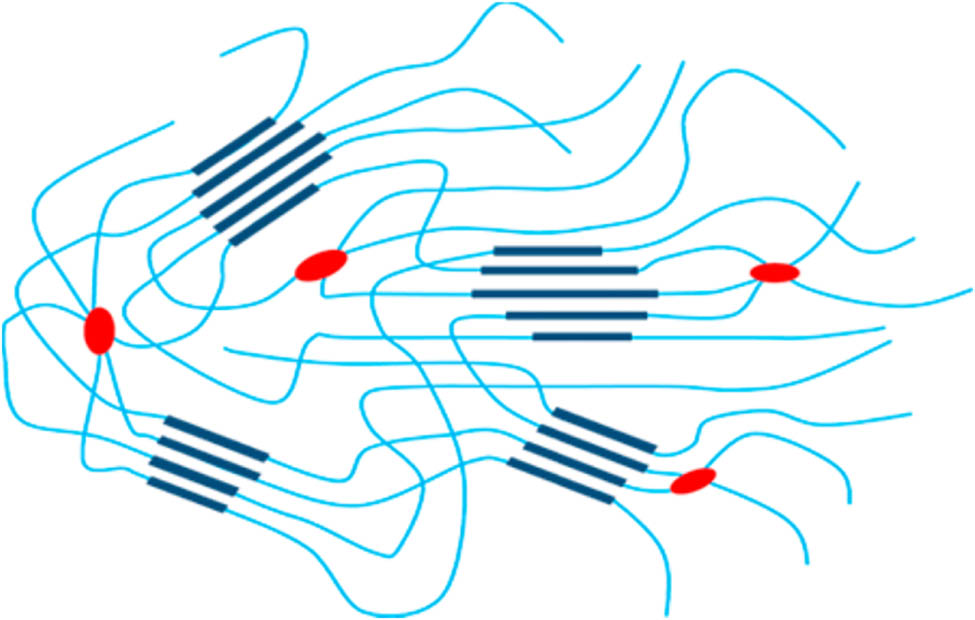 Figure 13 
               Molecular representation of the semicrystalline polyamide. Crystalline polymer (dark blue) is embedded in an amorphous matrix (light blue), and red dots represent covalent cross-link points (119). Reproduced with permission from ACS.
            