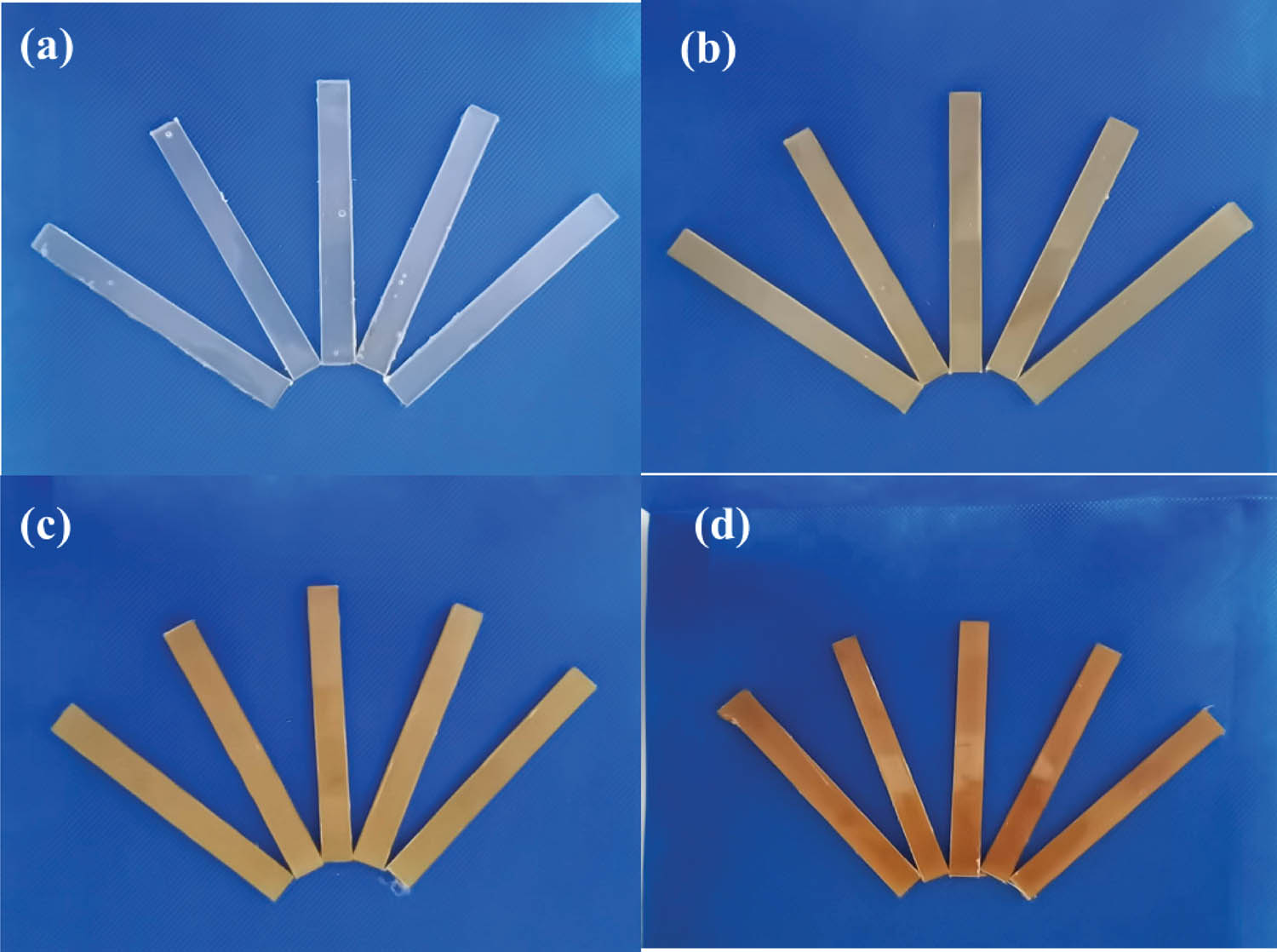 Figure A1 
            The sample of PLA/HCCP-EP composite for LOI test: (a) neat PLA, (b) PLA/HCCP-EP-1, (c) PLA/HCCP-EP-3, and (d) PLA/HCCP-EP-5. The sample was produced according to the standard GB/T2406-93.