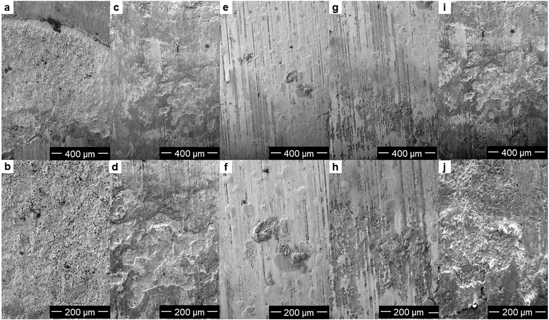 Figure 11 
            SEM images of the corrosion area of 0% ZIF-67@EP (a and b), 0.5% ZIF-67@EP (c and d), 1% ZIF-67@EP (e and f), 2% ZIF-67@EP (g and h), and 3% ZIF-67@EP (i and j) coatings after 14 days of immersion in 3.5% NaCl(aq).
         