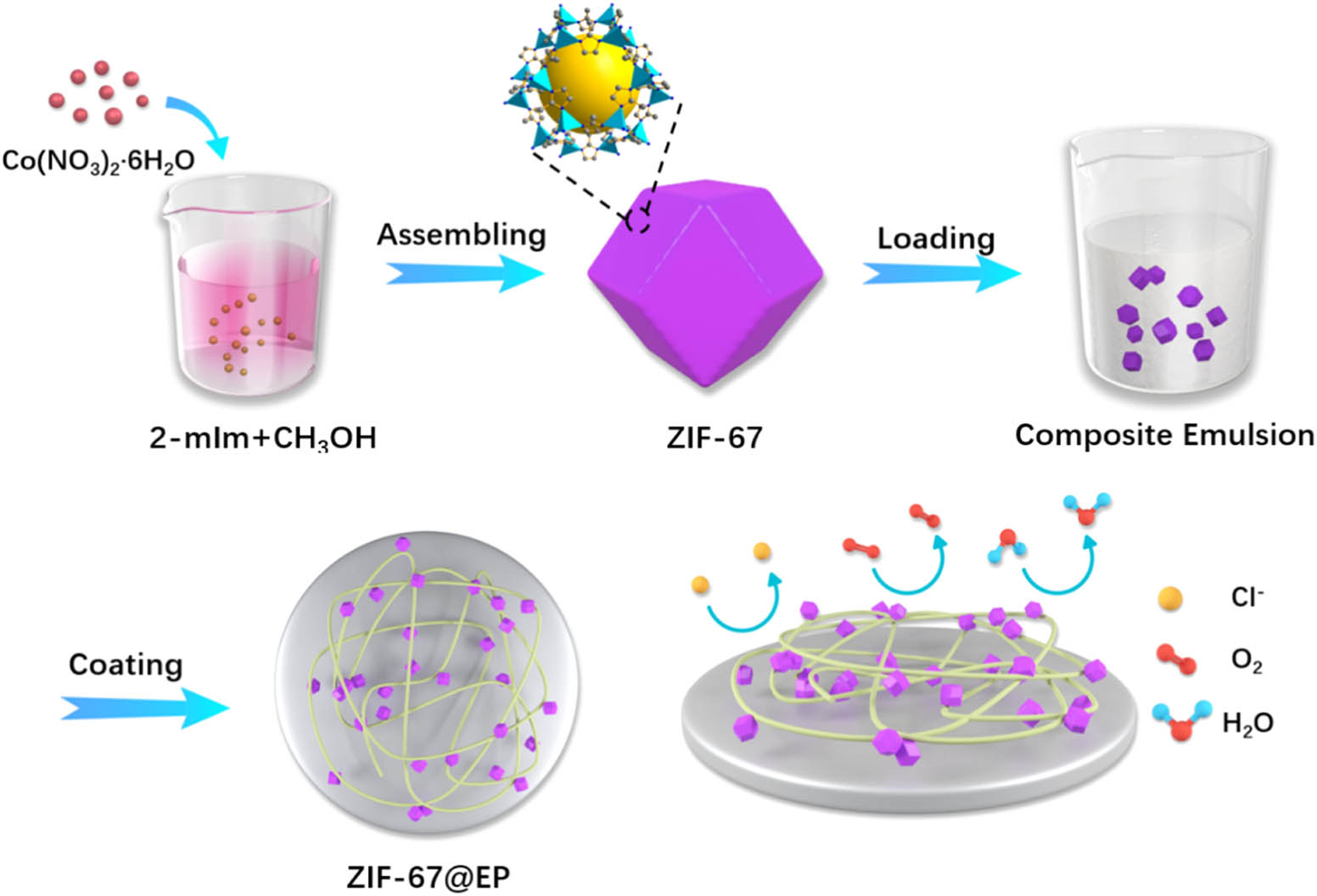 Scheme 1 
               Schematic diagram of the preparation of ZIF-67@EP coating and the anticorrosive mechanism of the anticorrosive coating.
            
