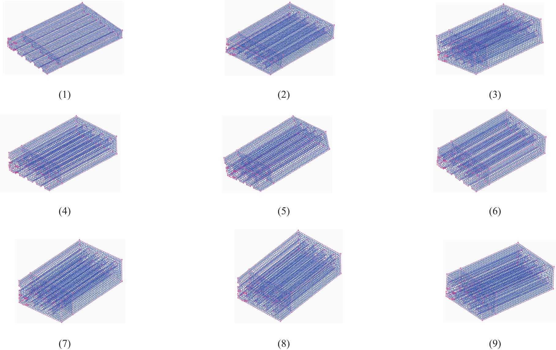 Figure 3 
                  1/4 bisymmetric axis model and mesh of single- and multi-layer MCF models. (1) Single-layer MCF with 9 capillaries. (2) Bi-layer MCF with 18 capillaries. (3) Bi-layer MCF with 17 capillaries. (4) Three-layer MCF with 27 capillaries. (5) Three-layer MCF with 26 capillaries. (6) Three-layer MCF with 25 capillaries. (7) Four-layer MCF with 36 capillaries. (8) Four-layer MCF with 16 capillaries in the middle. (9) Four-layer MCF with 18 capillaries in the middle.