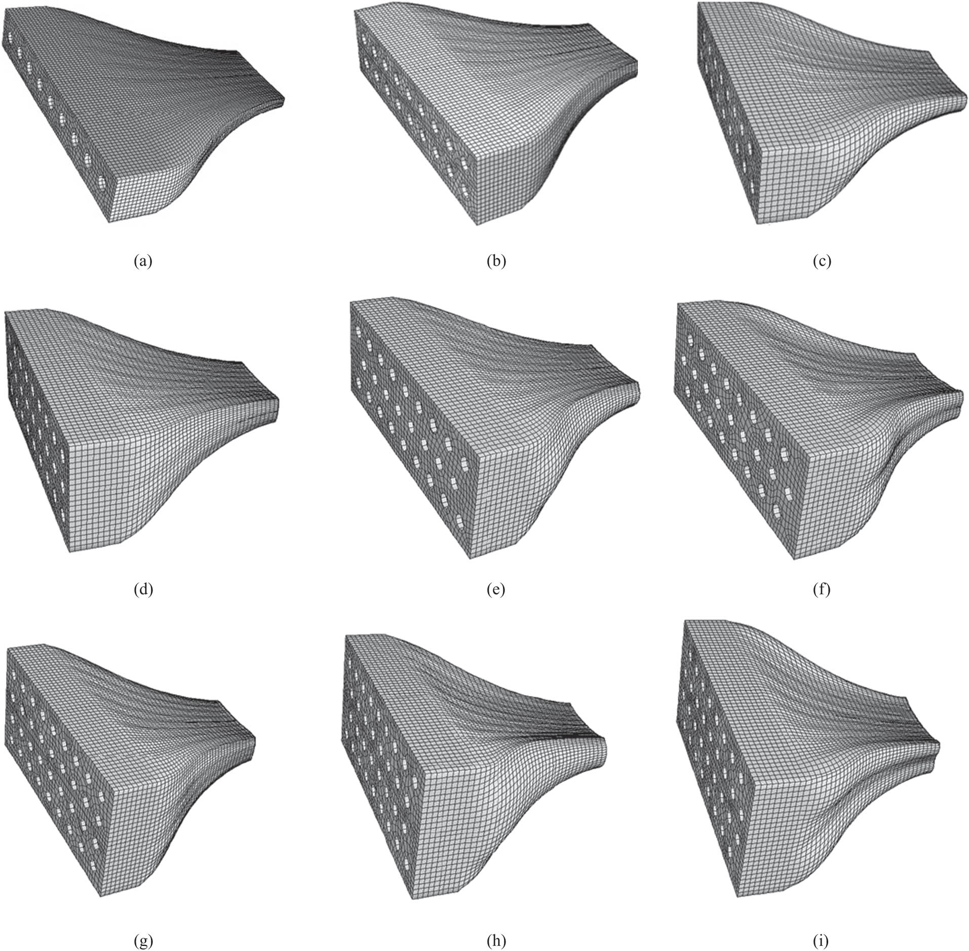 Figure 5 
                     The shape of the multi-layer MCF in the extrusion die and outside the die. (a) Single-layer MCF with 9 capillaries. (b) Bi-layer MCF with 18 capillaries. (c) Bi-layer MCF with 17 capillaries. (d) Three-layer MCF with 27 capillaries. (e) Three-layer MCF with 26 capillaries. (f) Three-layer MCF with 25 capillaries. (g) Four-layer MCF with 36 capillaries. (h) Four-layer MCF with 16 capillaries in the middle. (i) Four-layer MCF with 18 capillaries in the middle.