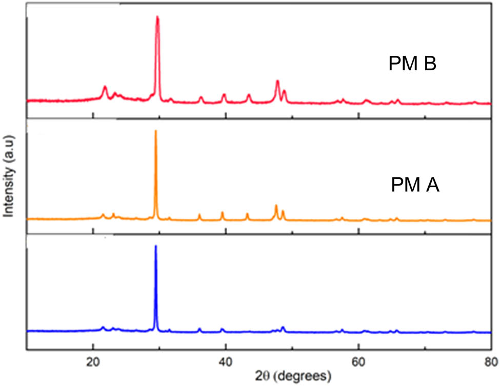Figure A2
XRD results for PM control, PM A, and PM B.
