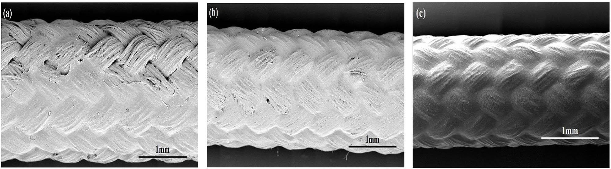 Figure A1
The outer surface morphologies of HBR PPTA hollow fiber membranes after ultrasonic treatment: (a) HBR PPTA-1#, (b) HBR PPTA-2#, and (c) HBR PPTA-3#.