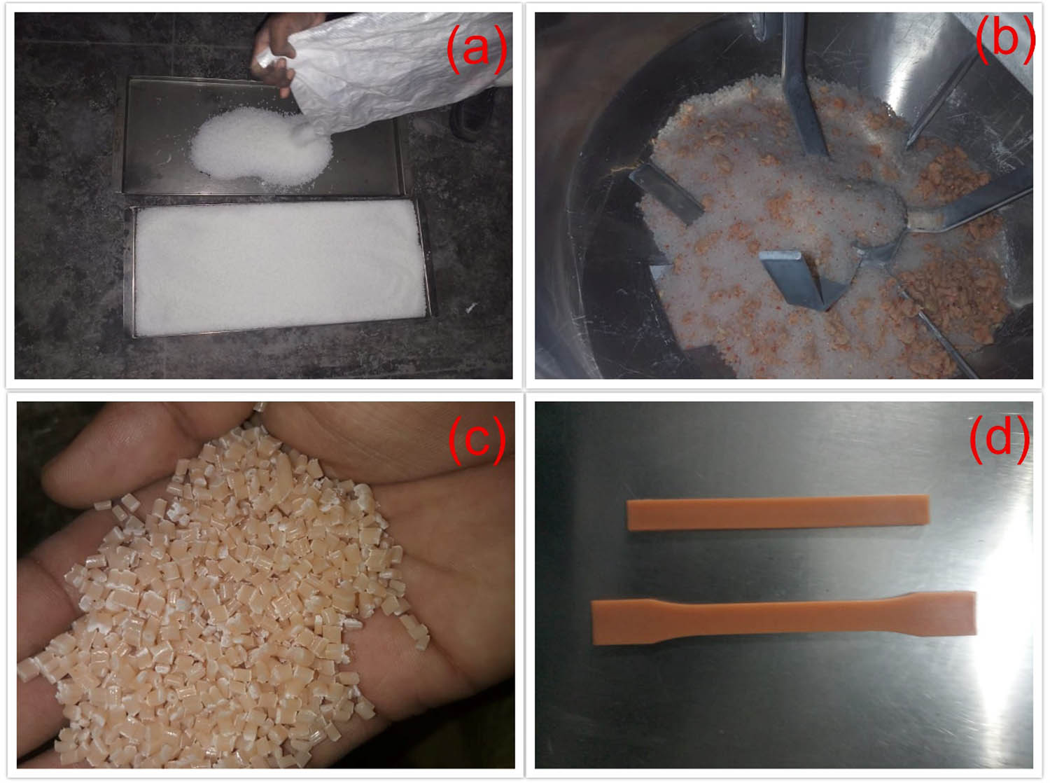Figure 2 
                  (a) HDPE granules, (b) blending of HDPE and TPW, (c) HDPE/TPW pellets, and (d) HDPE/TPW composite test specimens.