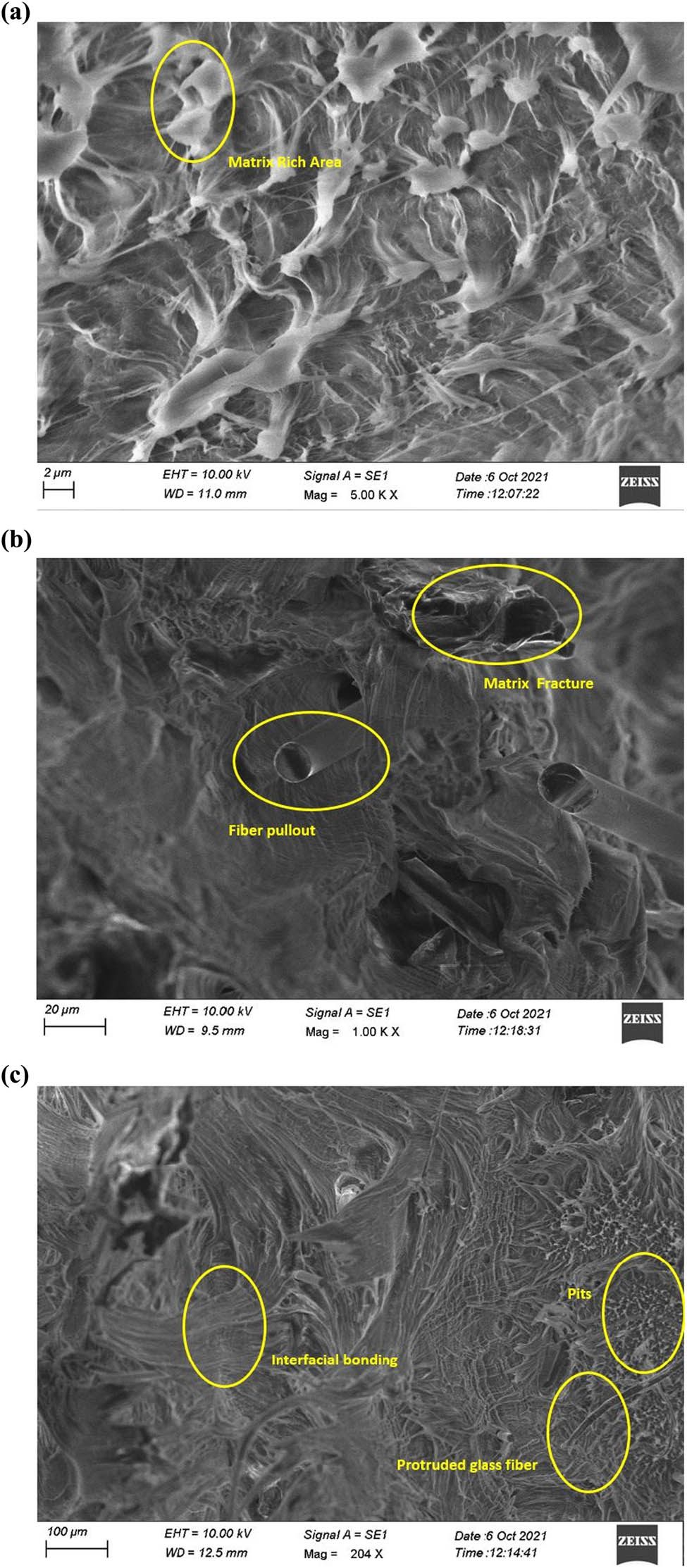Figure 9 
                  (a) Morphological studies of 5 wt% HDPE/TPW composites, (b) morphological studies of 35 wt% HDPE/TPW composites, and (c) morphological studies of 30 wt% HDPE/TPW composites.