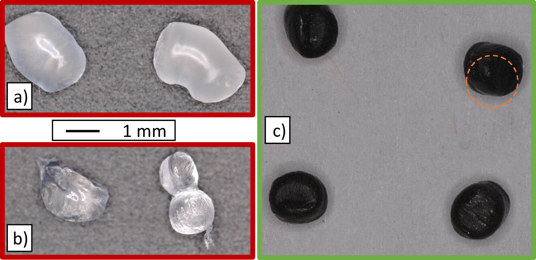Figure 2 
                  Appearance of µ-granules: (a) non-spherical shape because of insufficient melt flow behavior, (b) tails and agglomeration from insufficient cutting by the UWG, and (c) optimum spherical shape of µ-granules. Copyright © 2023; University of Bayreuth, Department of Polymer Engineering.
               
