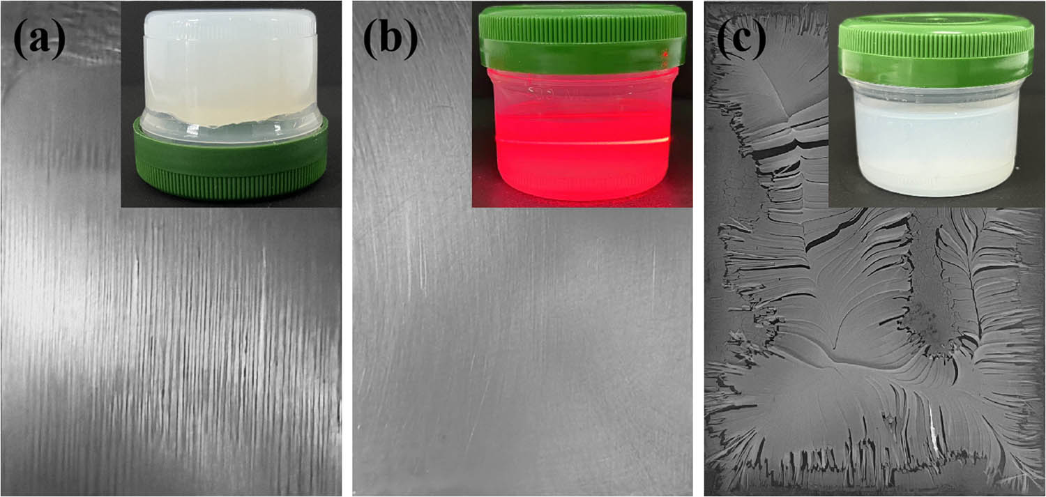 Figure 6 
                  Digital photos of coatings prepared from suspensions with different rheologies: (a) high viscosity leaving “brushmark” from PVA-6/Si-35 suspension, (b) suitable viscosities such as PVA-6/Si-25 with Tyndall effect in suspension, and (c) encapsulated structure of PEO-6/Si-30 is prone to cracking.