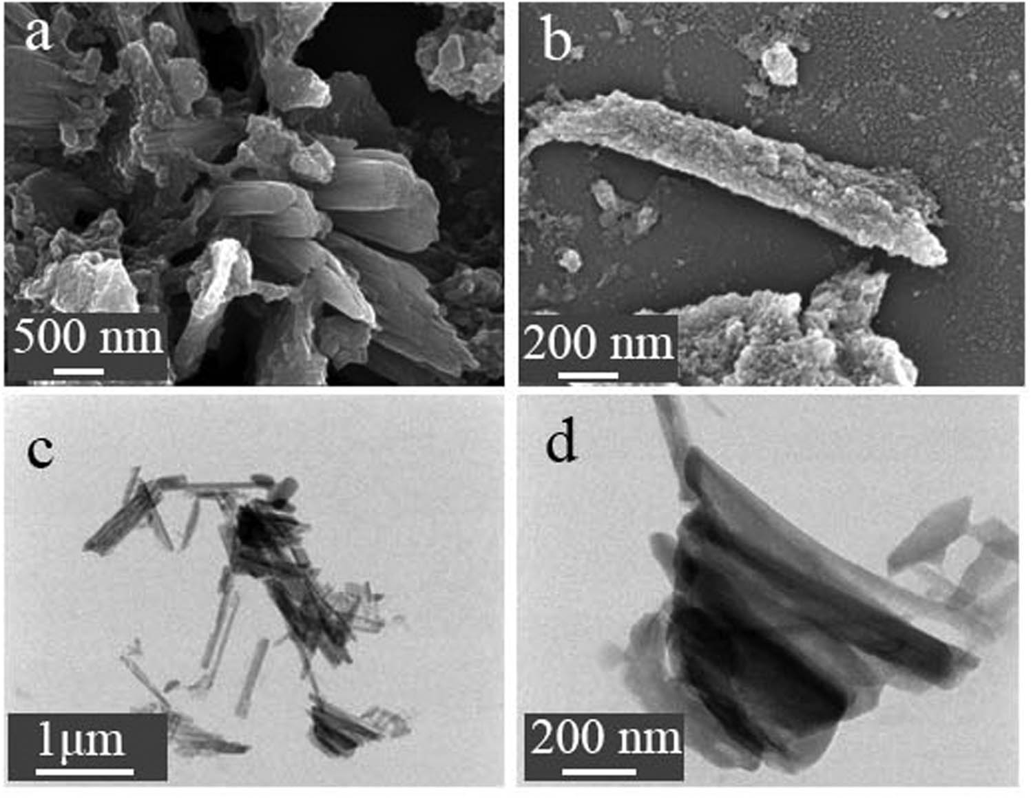 Figure 1 
                  (a, b) SEM and (c, d) TEM images of TE@Zn-MOFs.