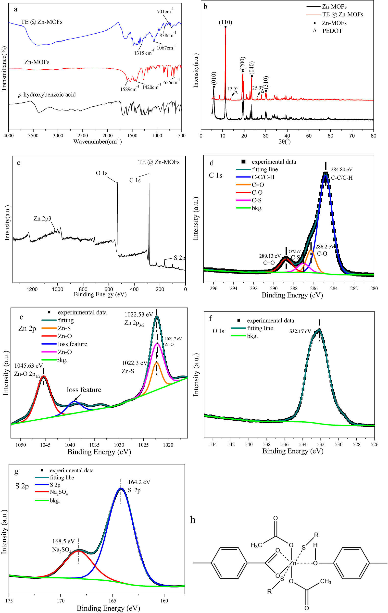 Figure 2 
                  Structural characterization of TE@Zn-MOFs: (a) FTIR spectra, (b) XRD pattern, (c) XPS survey, (d) C 1s, (e) Zn 2p, (f) O 1 s, (g) S 2p and (h) possible structural forms.